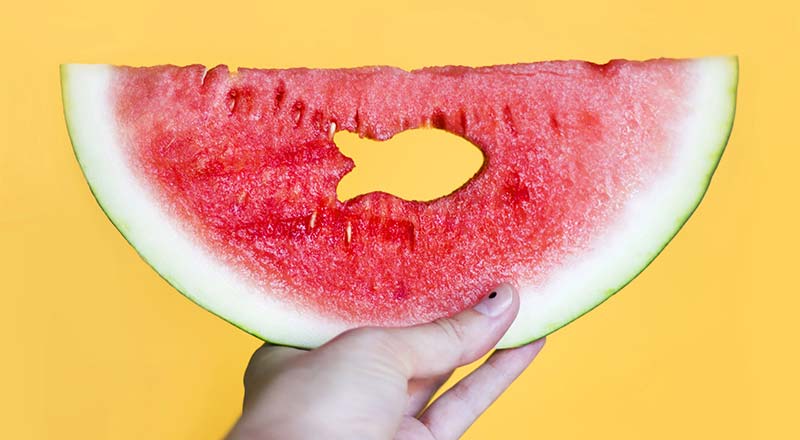 A slice of watermelon with a fish cut out in the center